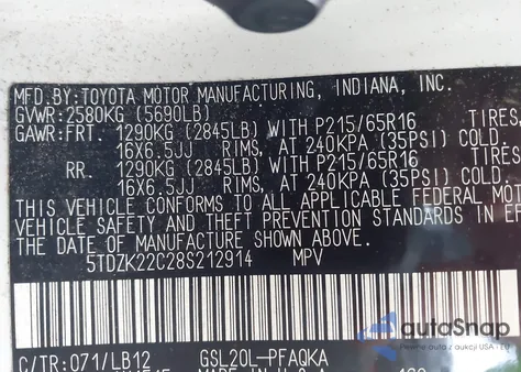 2008 Toyota Sienna Xle from USA, damaged, VIN 5TDZK22C28S212914
